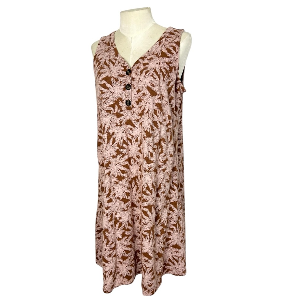 J Jill Dress M Petite Cotton Blend Brown Beige Pockets‎ Sleeveless V Neck Palm